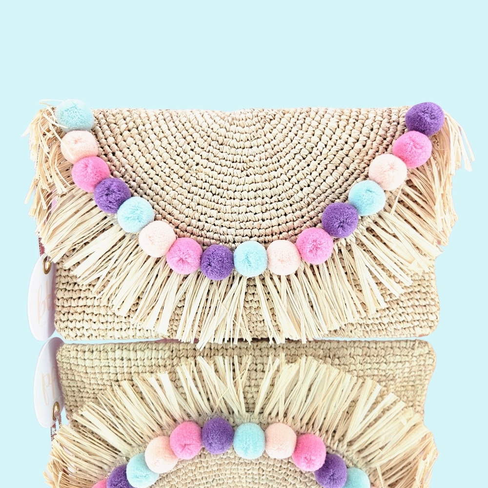 BTB Los Angeles Purse Clutch Natural Pastel Rainbow Sera Pom Pom Boho Vacation